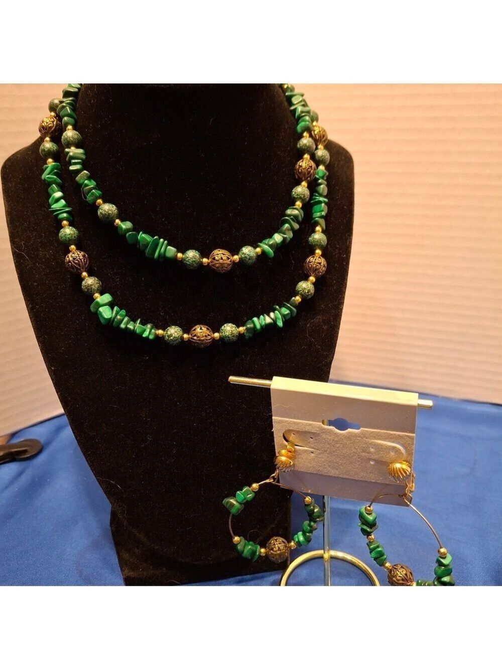 Malachite Natural Green Stone and Gold Beaded Jewelry Set